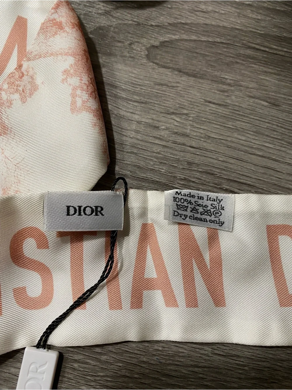 Christian Dior Cream and Blush Pink Logo Twilly Scarf